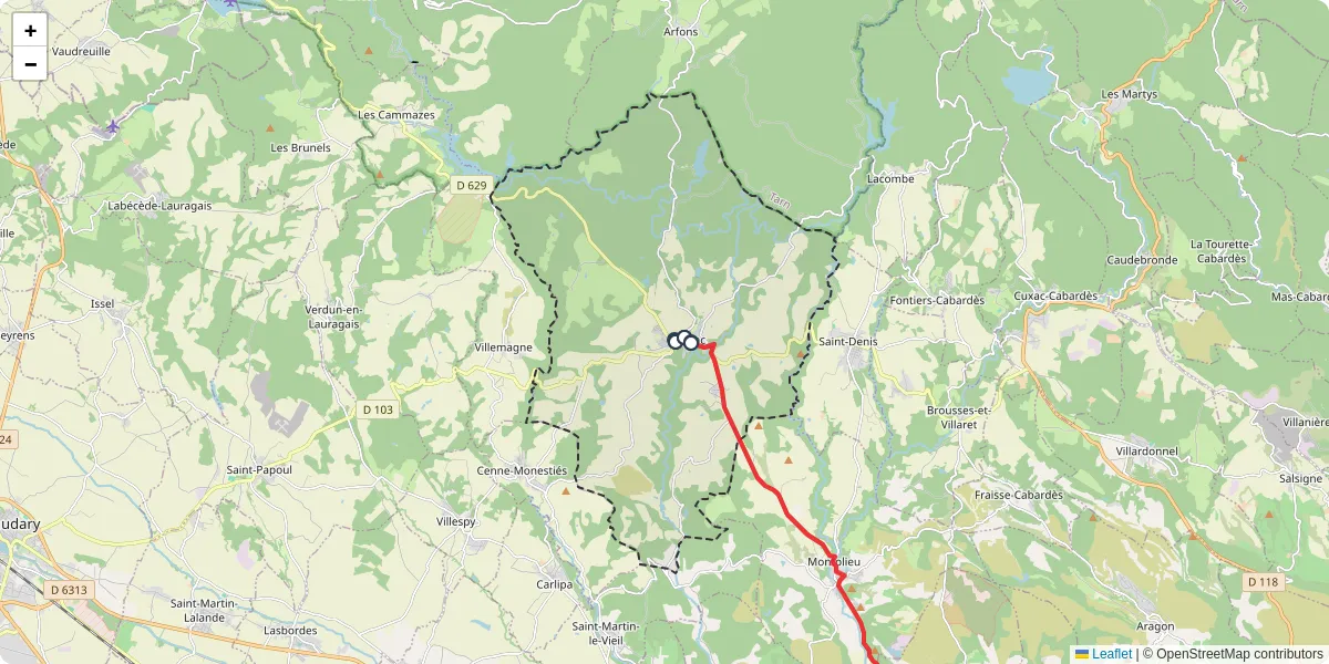 Carte du réseau de transport en commun à Saissac - lignes de bus et arrêts