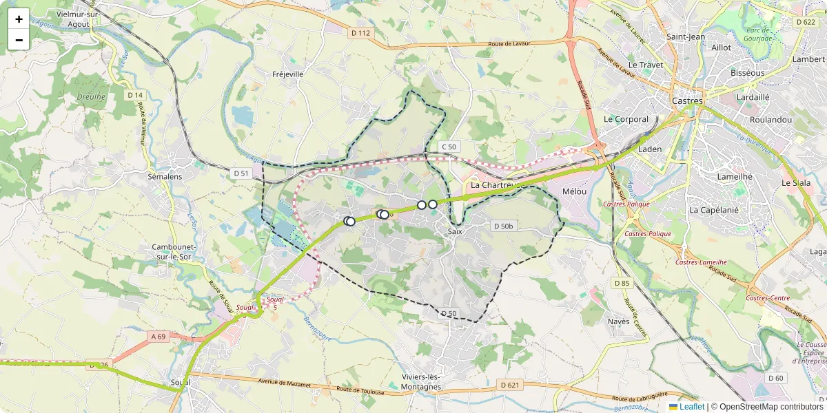 Carte du réseau de transport en commun à Saïx - lignes de bus et arrêts