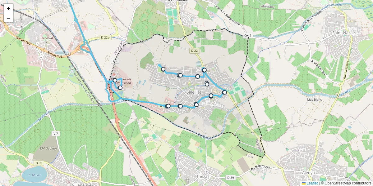 Carte du réseau de transport en commun à Saleilles - lignes de bus et arrêts