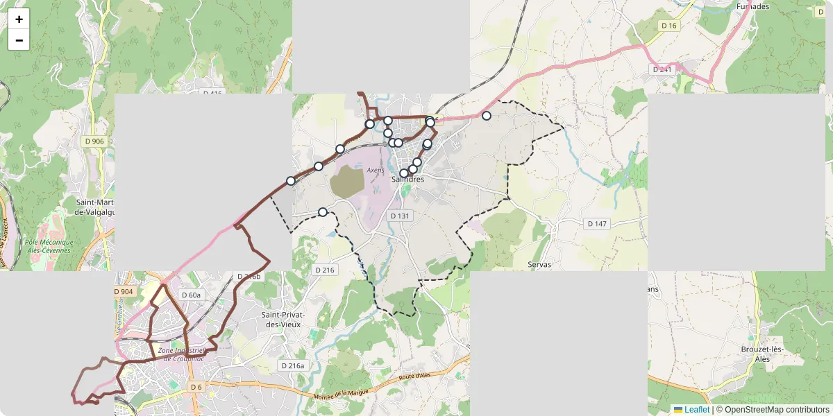 Carte du réseau de transport en commun à Salindres - lignes de bus et arrêts