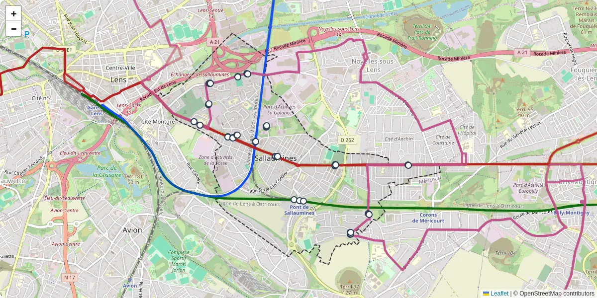 Carte du réseau de transport en commun à Sallaumines - lignes de bus et arrêts