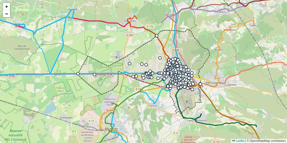 Carte du réseau de transport en commun à Salon-de-Provence - lignes de bus et arrêts