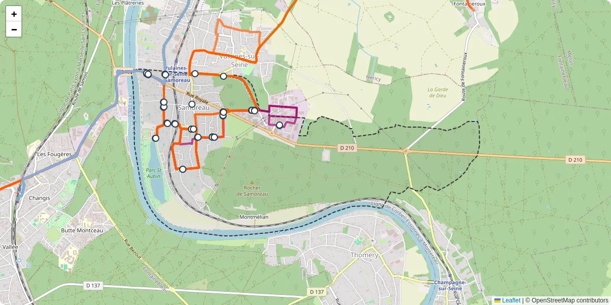 Carte du réseau de transport en commun à Samoreau - lignes de bus et arrêts