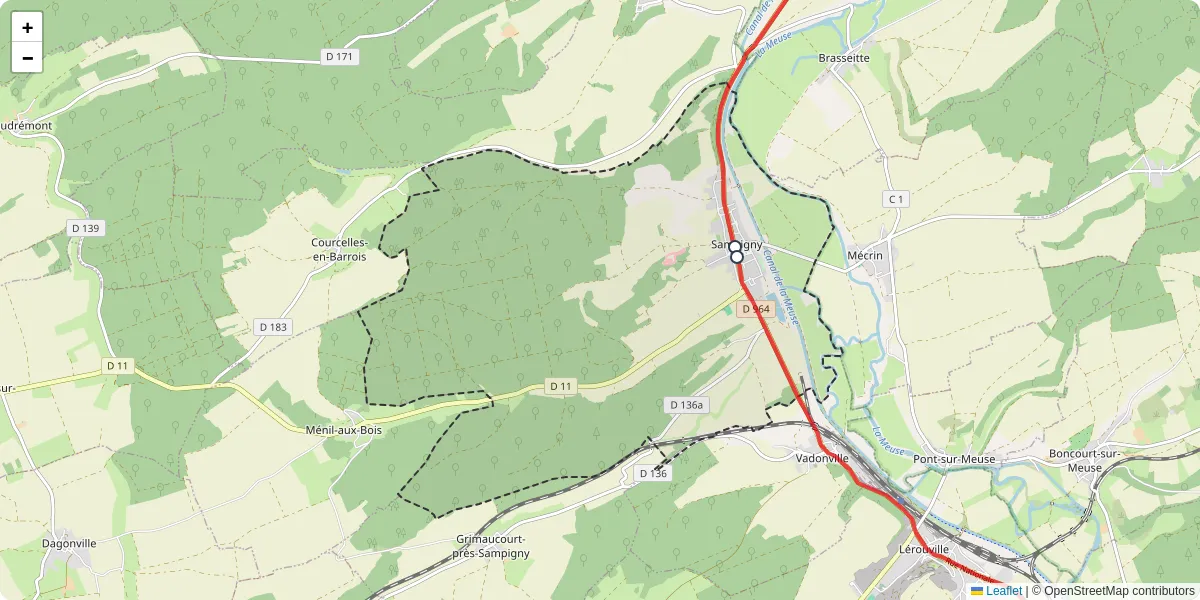 Carte du réseau de transport en commun à Sampigny - lignes de bus et arrêts