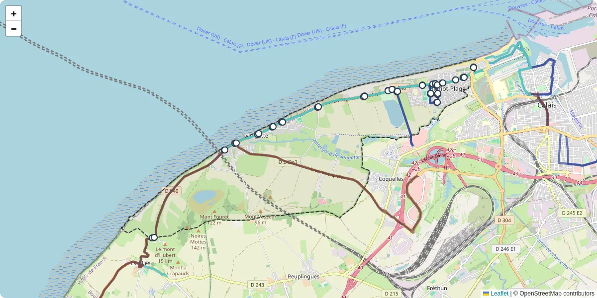 Carte du réseau de transport en commun à Sangatte - lignes de bus et arrêts