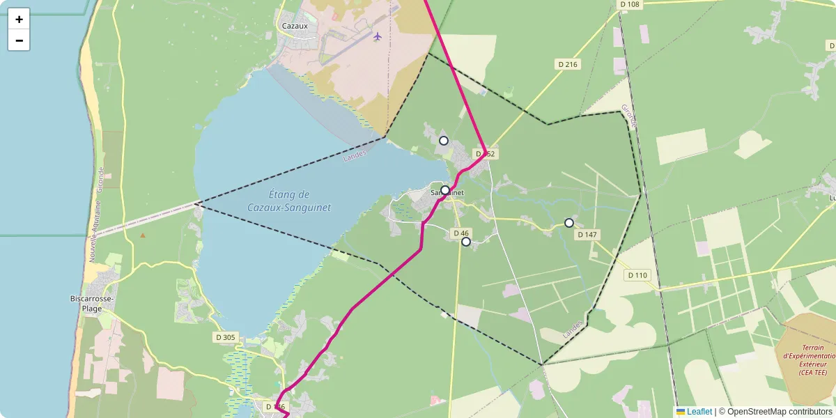 Carte du réseau de transport en commun à Sanguinet - lignes de bus et arrêts