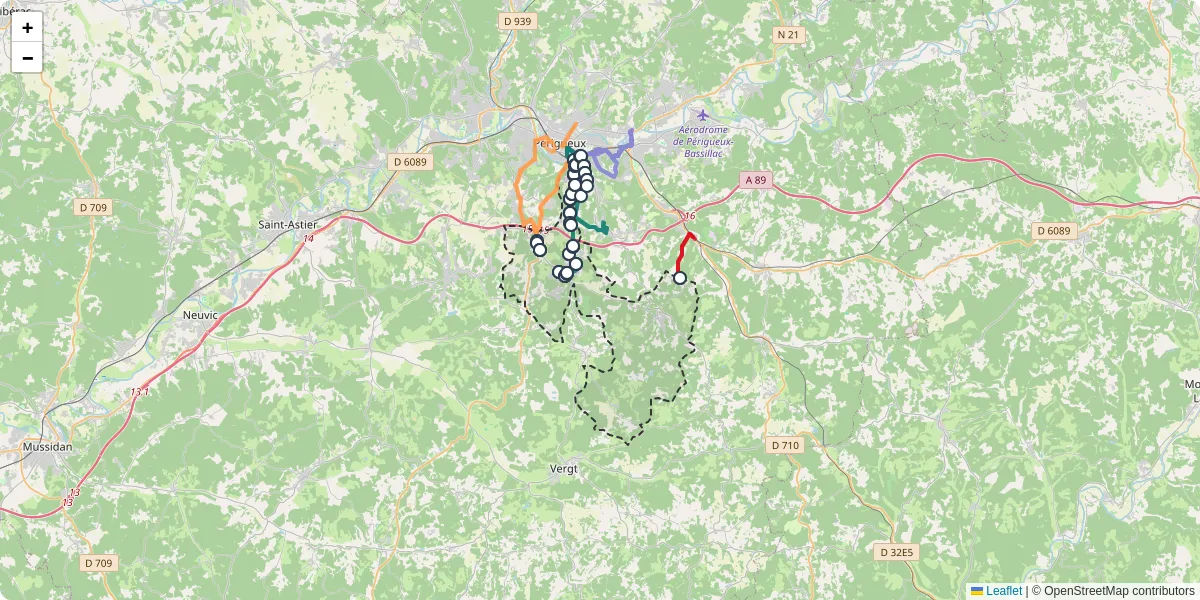 Carte du réseau de transport en commun à Sanilhac - lignes de bus et arrêts