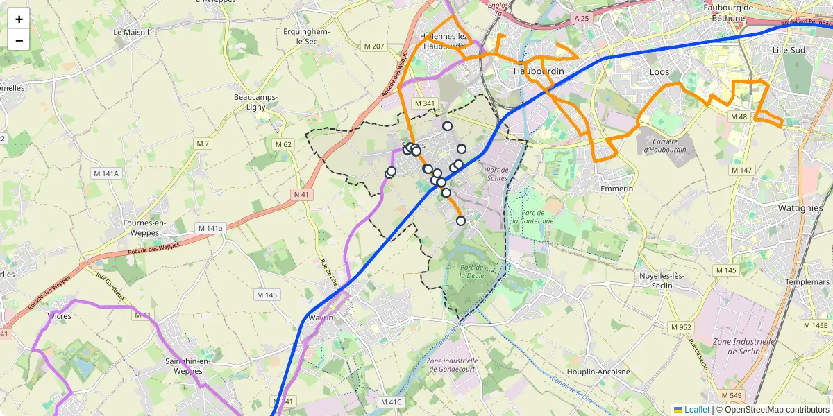 Carte du réseau de transport en commun à Santes - lignes de bus et arrêts