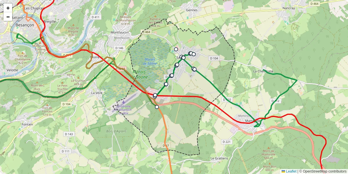 Carte du réseau de transport en commun à Saône - lignes de bus et arrêts