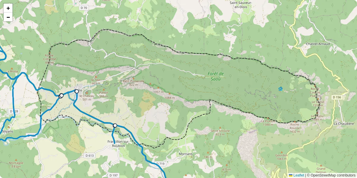 Carte du réseau de transport en commun à Saoû - lignes de bus et arrêts