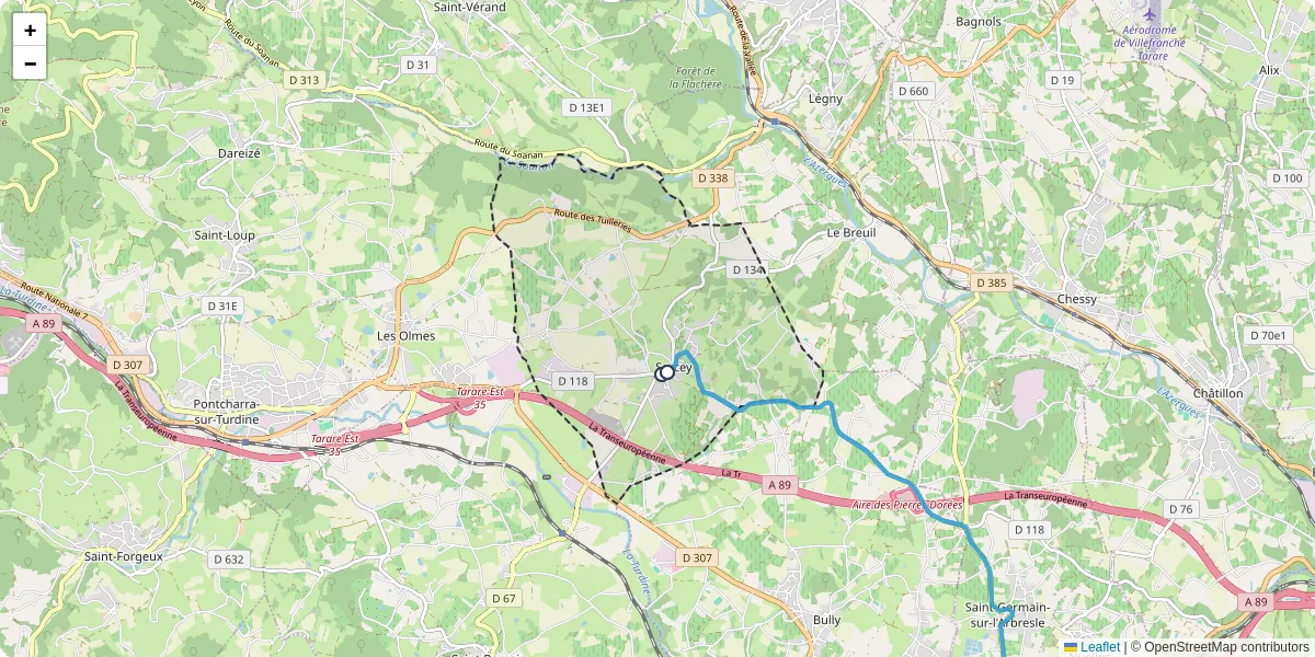Carte du réseau de transport en commun à Sarcey - lignes de bus et arrêts