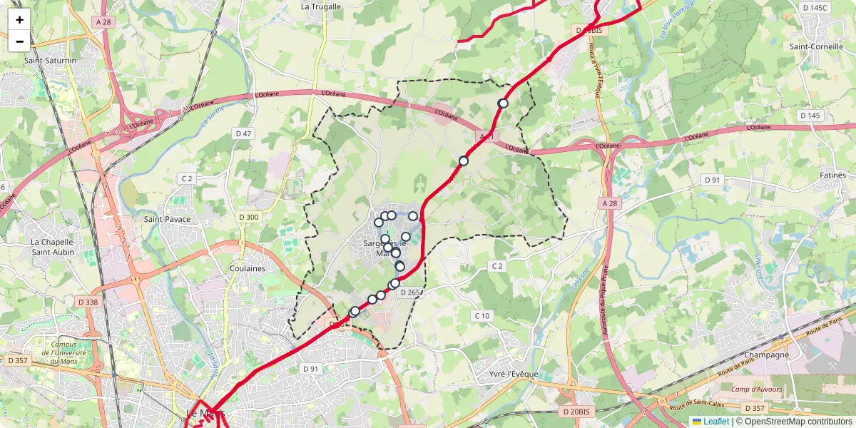 Carte du réseau de transport en commun à Sargé-lès-le-Mans - lignes de bus et arrêts