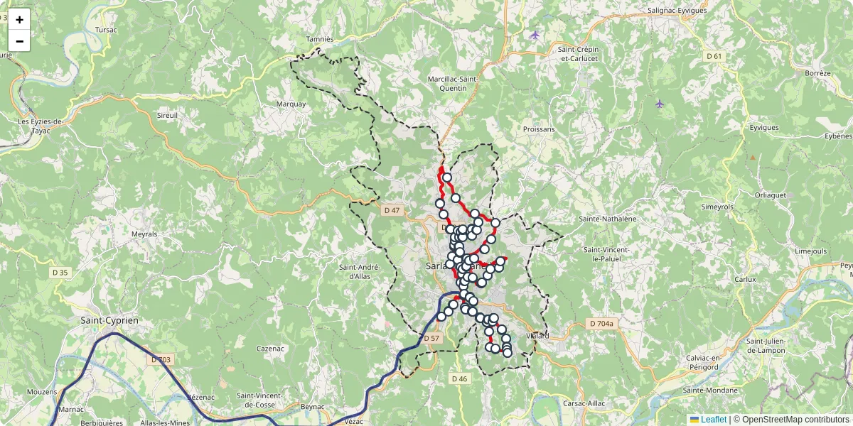 Carte du réseau de transport en commun à Sarlat-la-Canéda - lignes de bus et arrêts