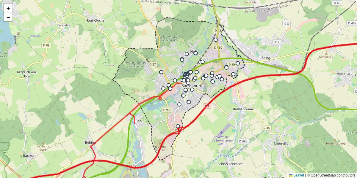 Carte du réseau de transport en commun à Sarrebourg - lignes de bus et arrêts