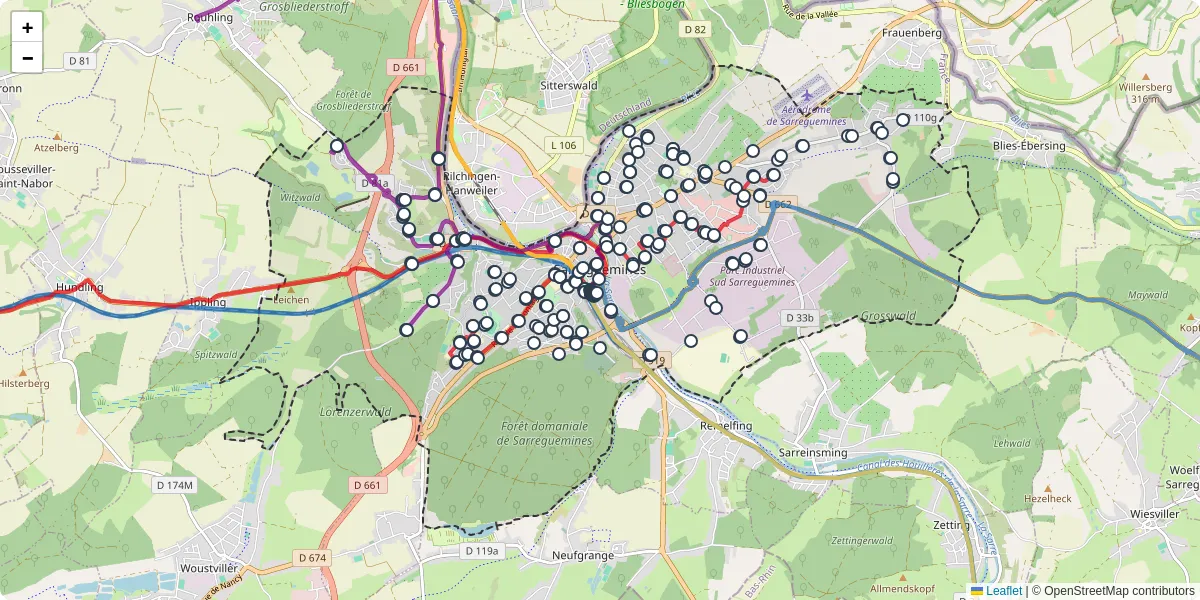 Carte du réseau de transport en commun à Sarreguemines - lignes de bus et arrêts