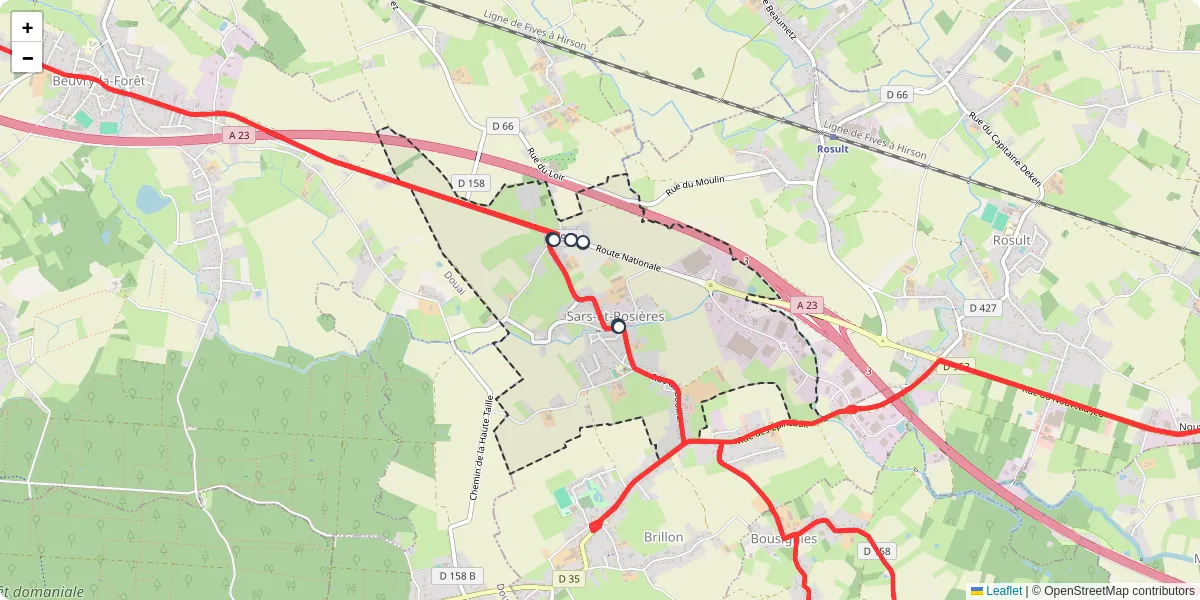 Carte du réseau de transport en commun à Sars-et-Rosières - lignes de bus et arrêts