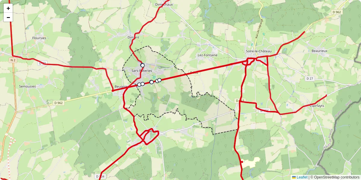 Carte du réseau de transport en commun à Sars-Poteries - lignes de bus et arrêts