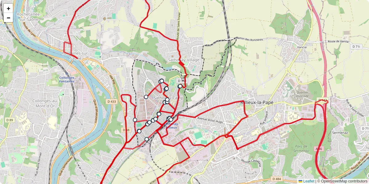 Carte du réseau de transport en commun à Sathonay-Camp - lignes de bus et arrêts