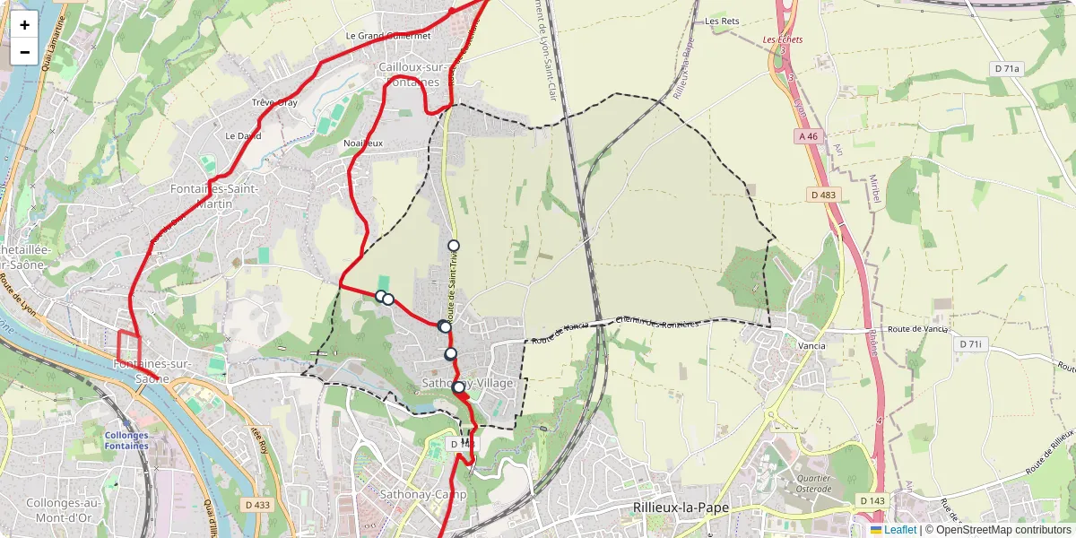 Carte du réseau de transport en commun à Sathonay-Village - lignes de bus et arrêts