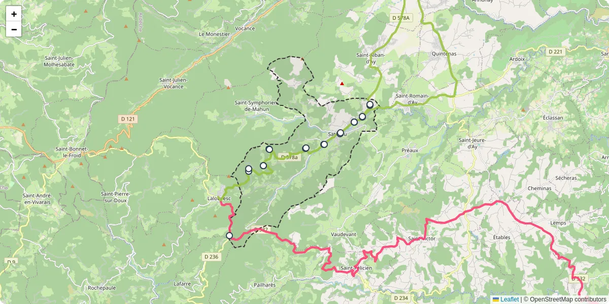 Carte du réseau de transport en commun à Satillieu - lignes de bus et arrêts