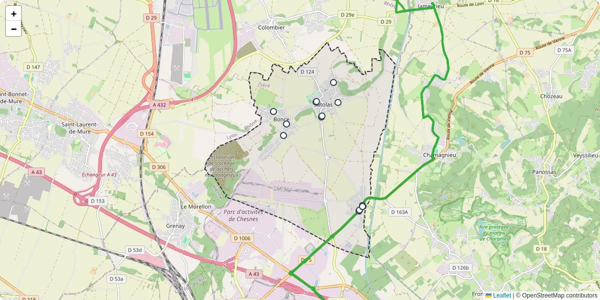 Carte du réseau de transport en commun à Satolas-et-Bonce - lignes de bus et arrêts