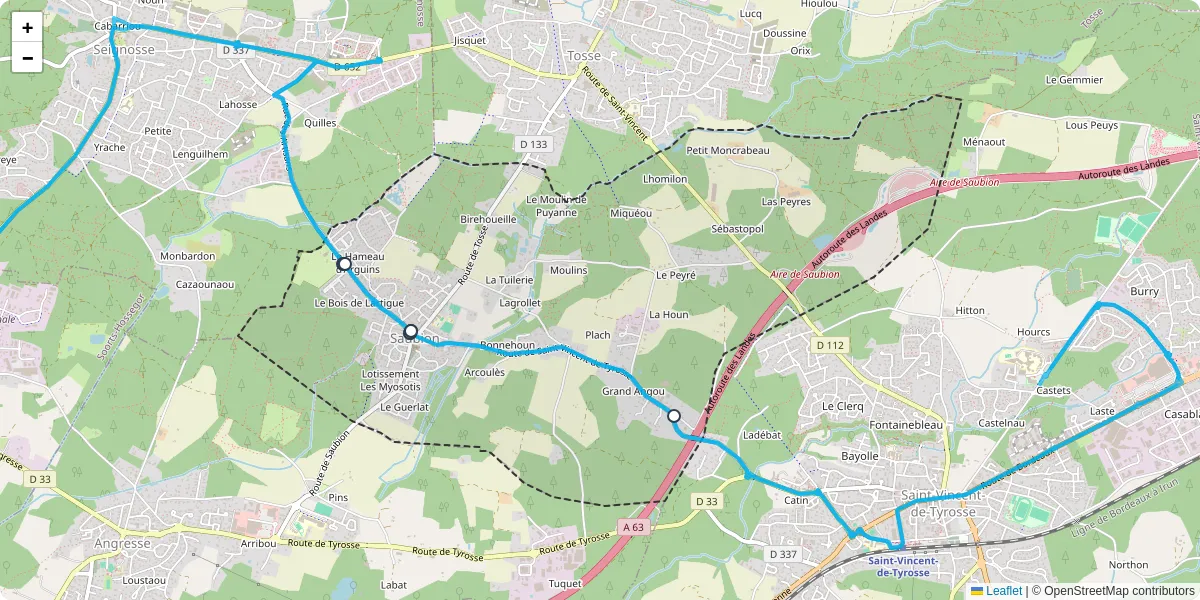 Carte du réseau de transport en commun à Saubion - lignes de bus et arrêts