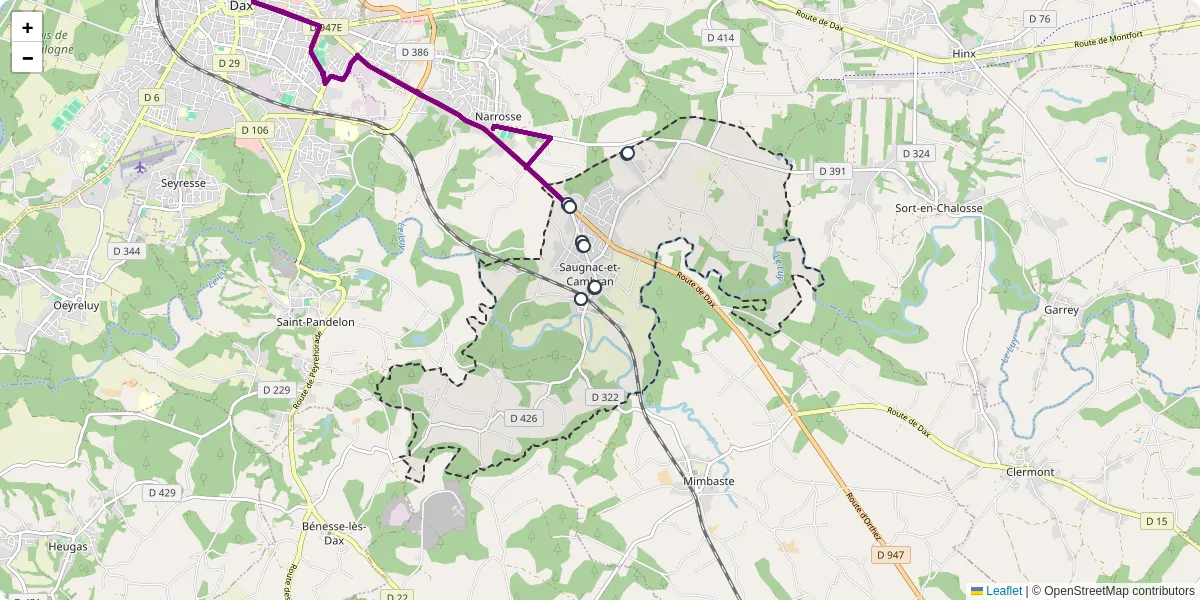 Carte du réseau de transport en commun à Saugnac-et-Cambran - lignes de bus et arrêts