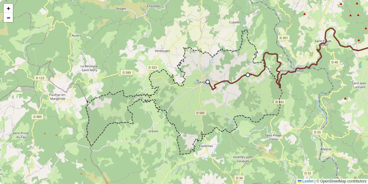 Carte du réseau de transport en commun à Saugues - lignes de bus et arrêts