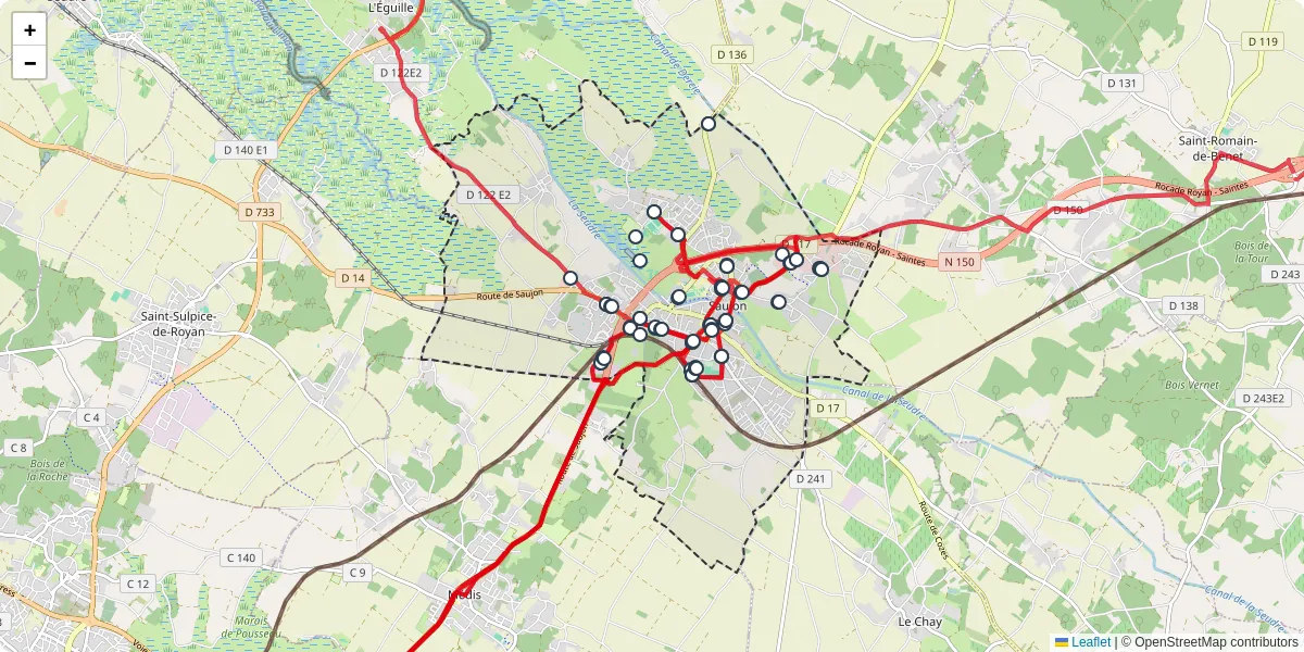 Carte du réseau de transport en commun à Saujon - lignes de bus et arrêts