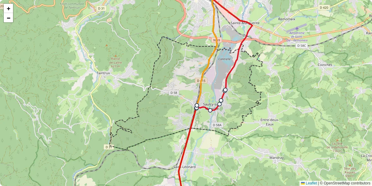 Carte du réseau de transport en commun à Saulcy-sur-Meurthe - lignes de bus et arrêts