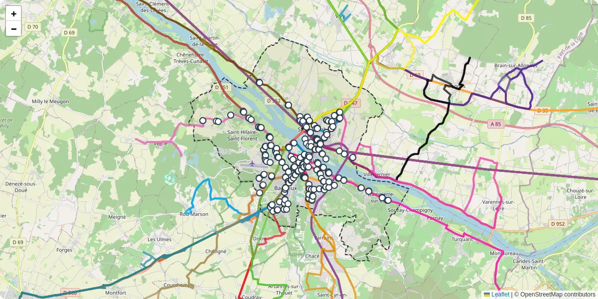 Carte du réseau de transport en commun à Saumur - lignes de bus et arrêts