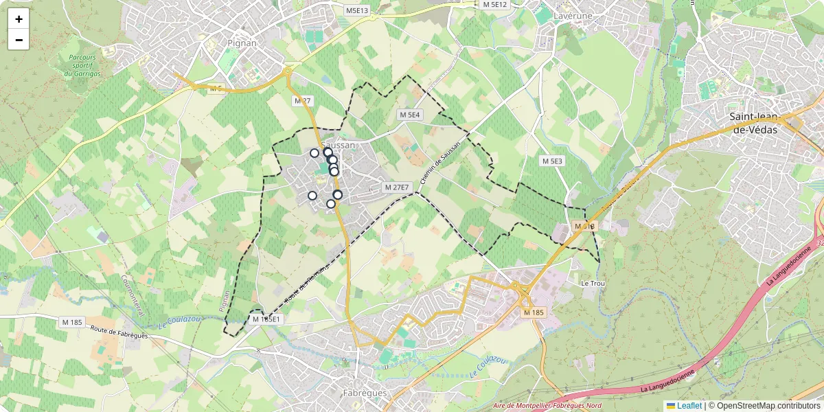 Carte du réseau de transport en commun à Saussan - lignes de bus et arrêts