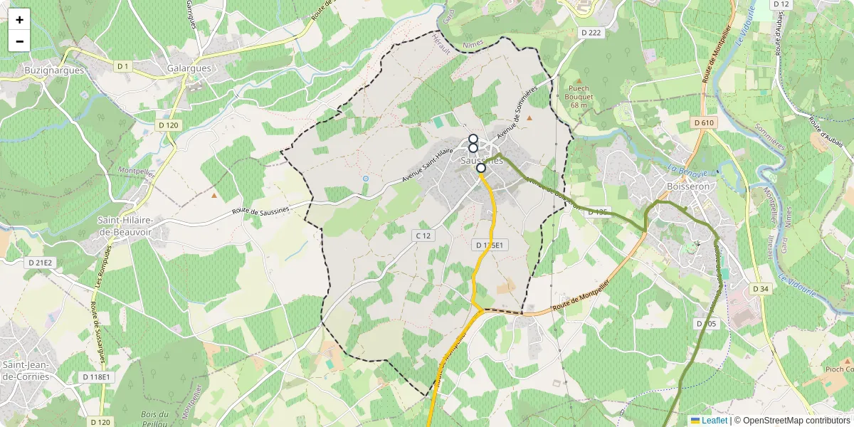 Carte du réseau de transport en commun à Saussines - lignes de bus et arrêts