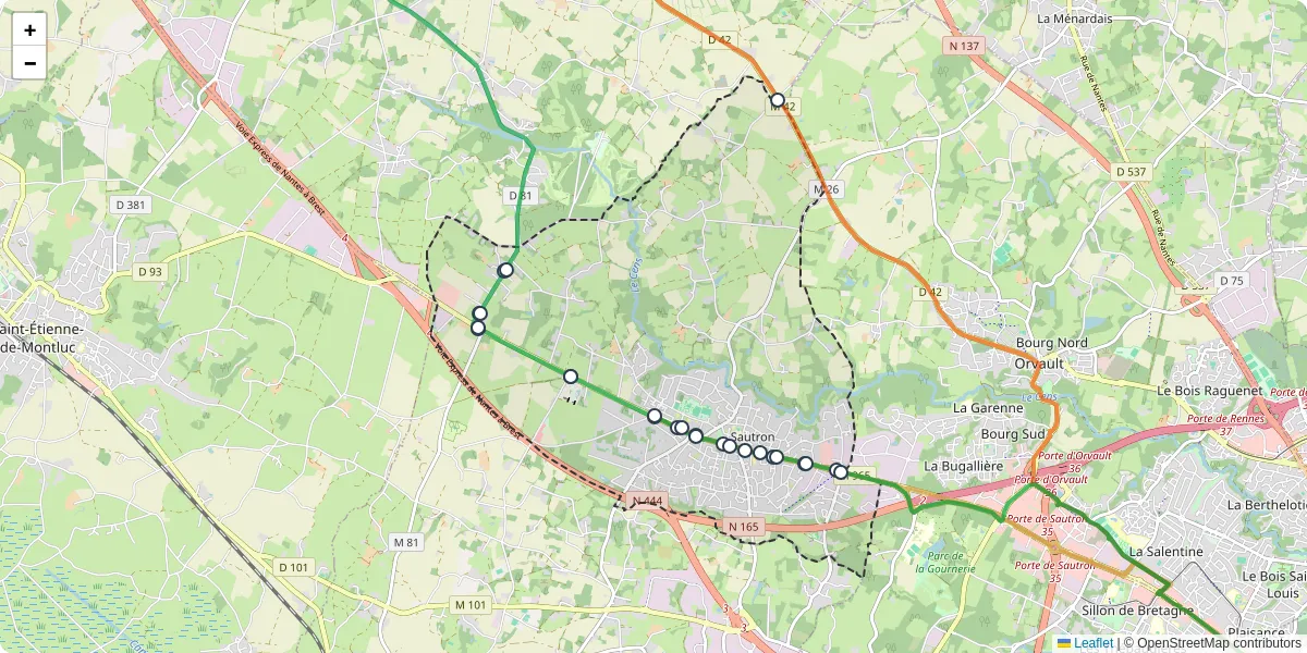 Carte du réseau de transport en commun à Sautron - lignes de bus et arrêts