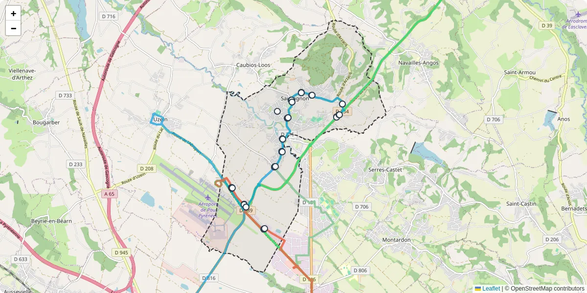 Carte du réseau de transport en commun à Sauvagnon - lignes de bus et arrêts