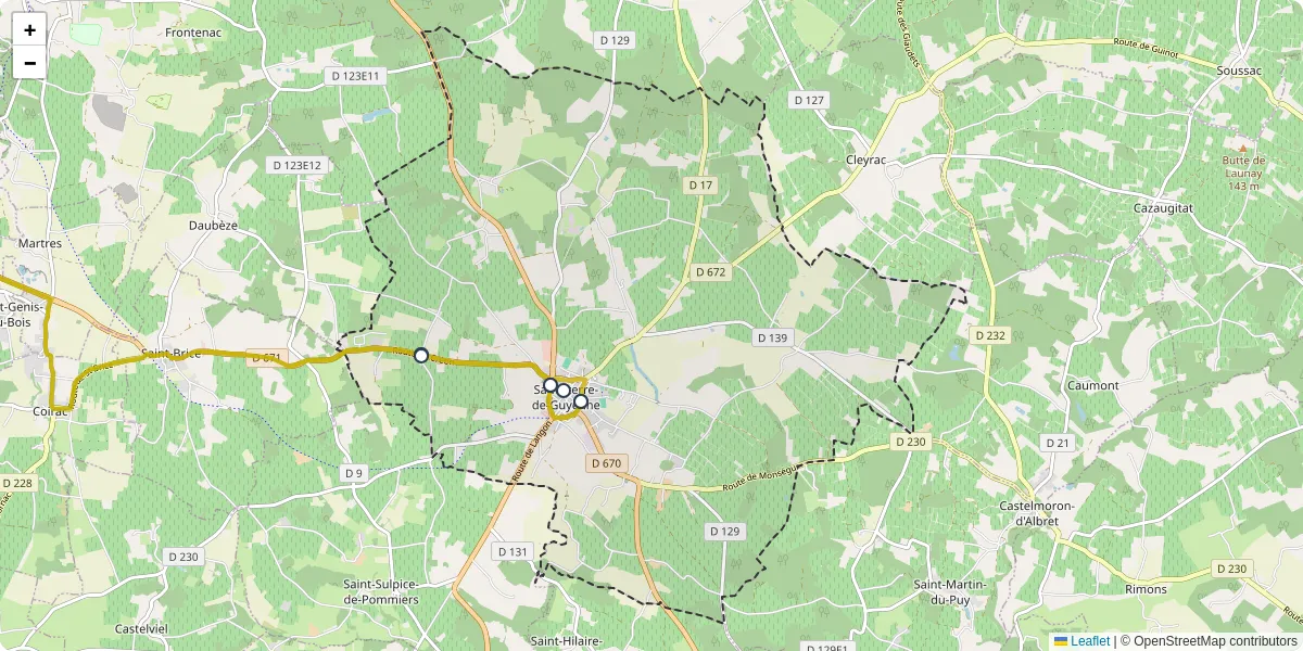 Carte du réseau de transport en commun à Sauveterre-de-Guyenne - lignes de bus et arrêts