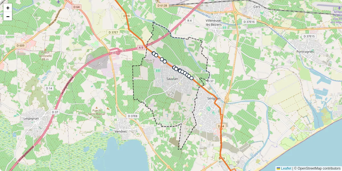 Carte du réseau de transport en commun à Sauvian - lignes de bus et arrêts