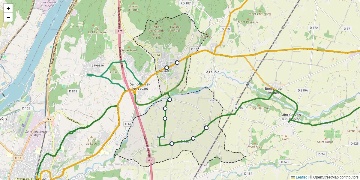 Carte du réseau de transport en commun à Sauzet - lignes de bus et arrêts