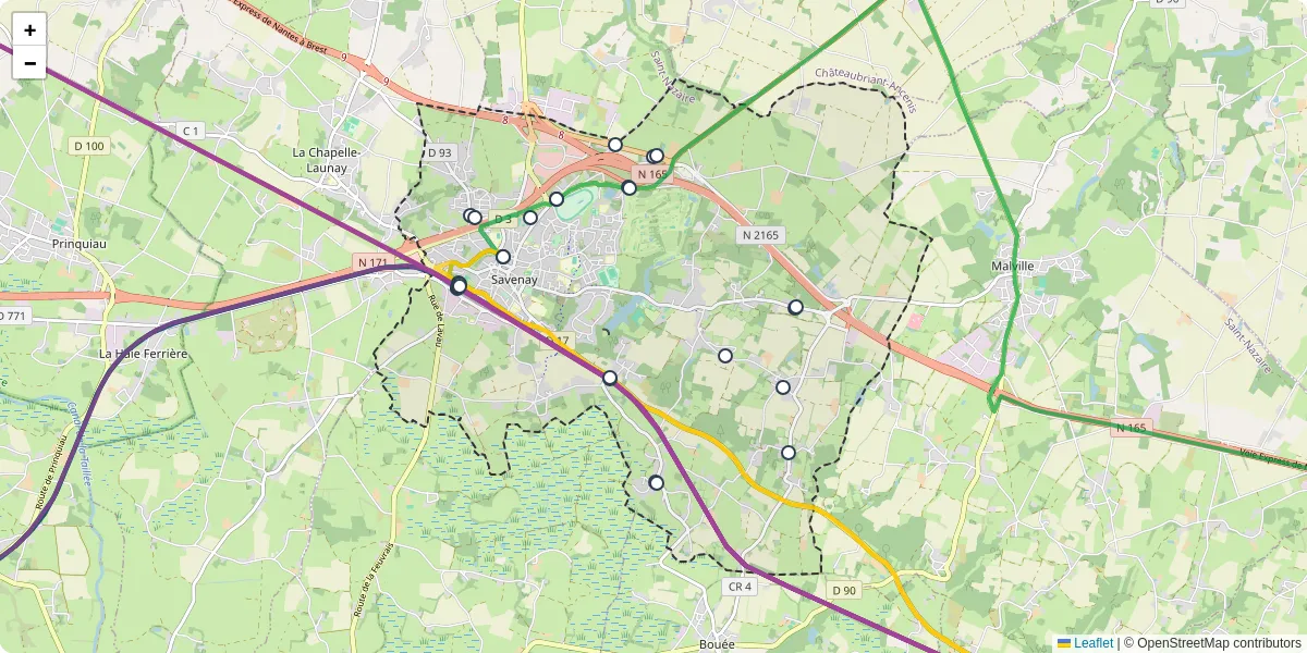Carte du réseau de transport en commun à Savenay - lignes de bus et arrêts