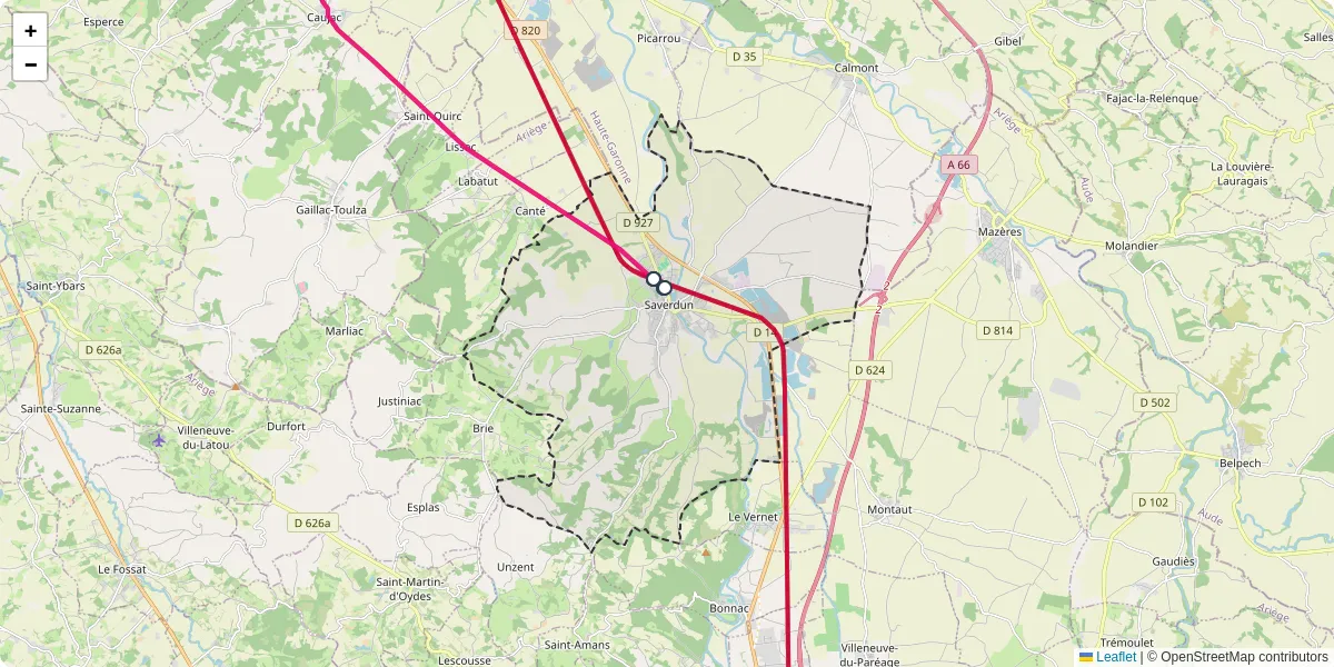 Carte du réseau de transport en commun à Saverdun - lignes de bus et arrêts