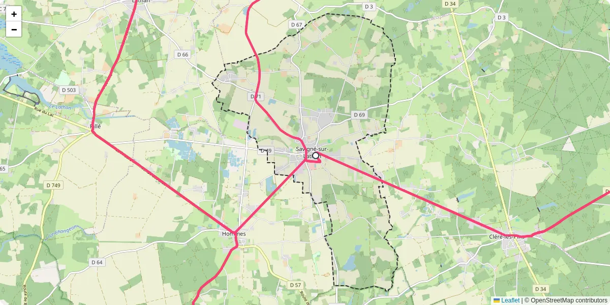 Carte du réseau de transport en commun à Savigné-sur-Lathan - lignes de bus et arrêts