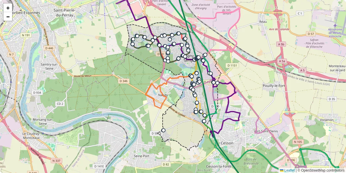 Carte du réseau de transport en commun à Savigny-le-Temple - lignes de bus et arrêts