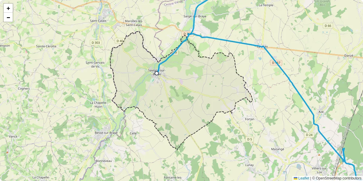 Carte du réseau de transport en commun à Savigny-sur-Braye - lignes de bus et arrêts