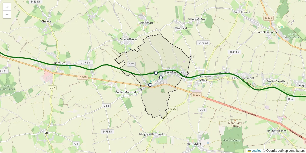 Carte du réseau de transport en commun à Savy-Berlette - lignes de bus et arrêts