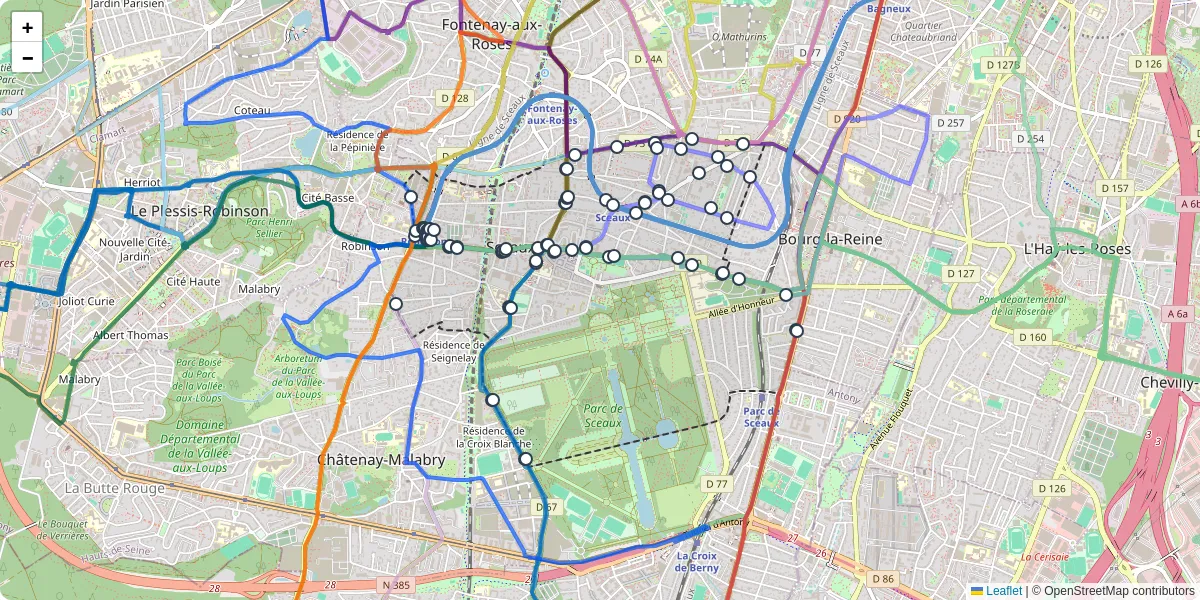 Carte du réseau de transport en commun à Sceaux - lignes de bus et arrêts