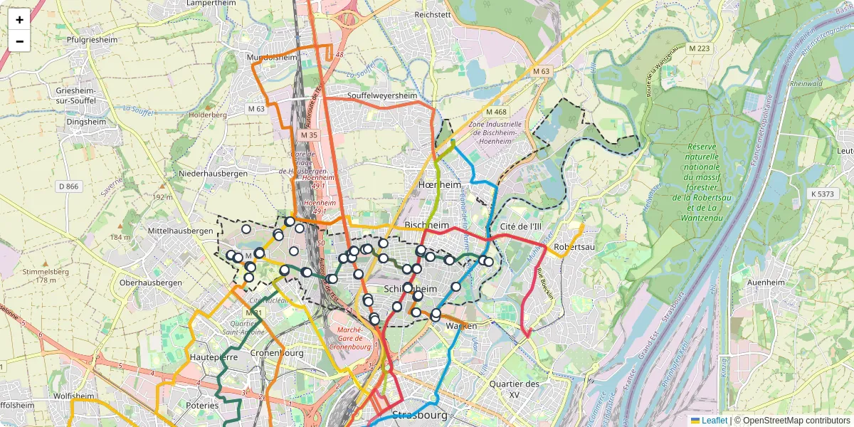 Carte du réseau de transport en commun à Schiltigheim - lignes de bus et arrêts