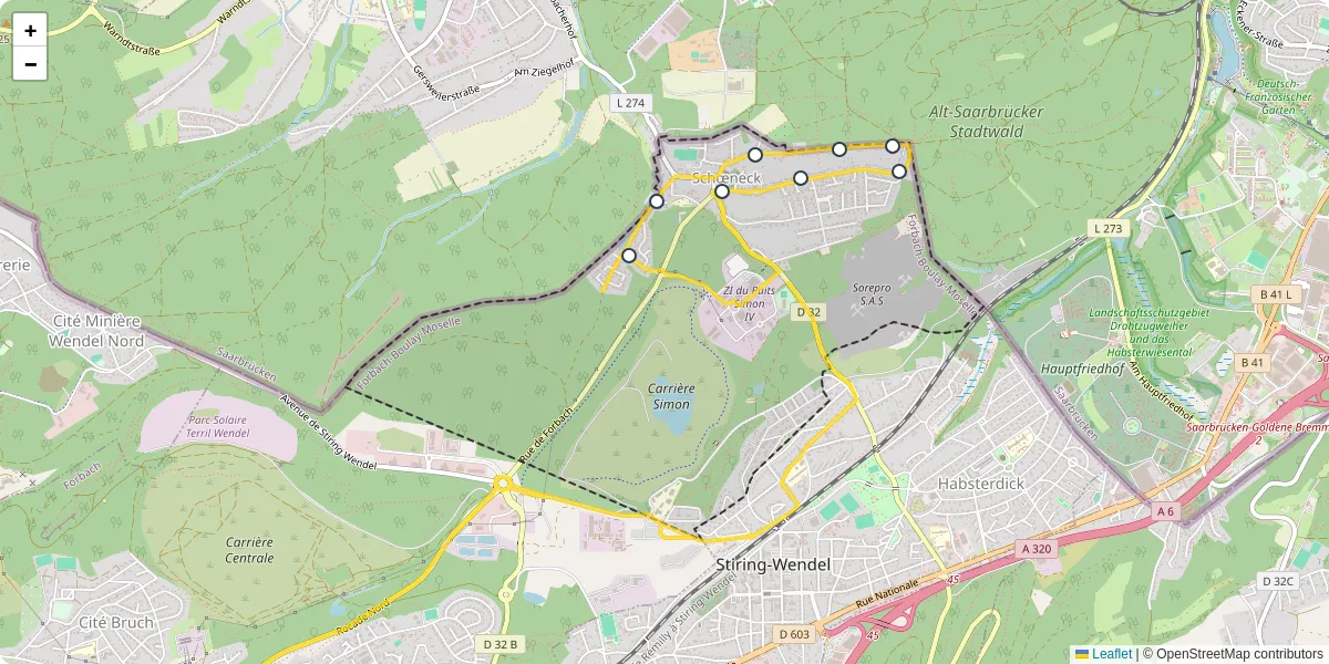 Carte du réseau de transport en commun à Schœneck - lignes de bus et arrêts