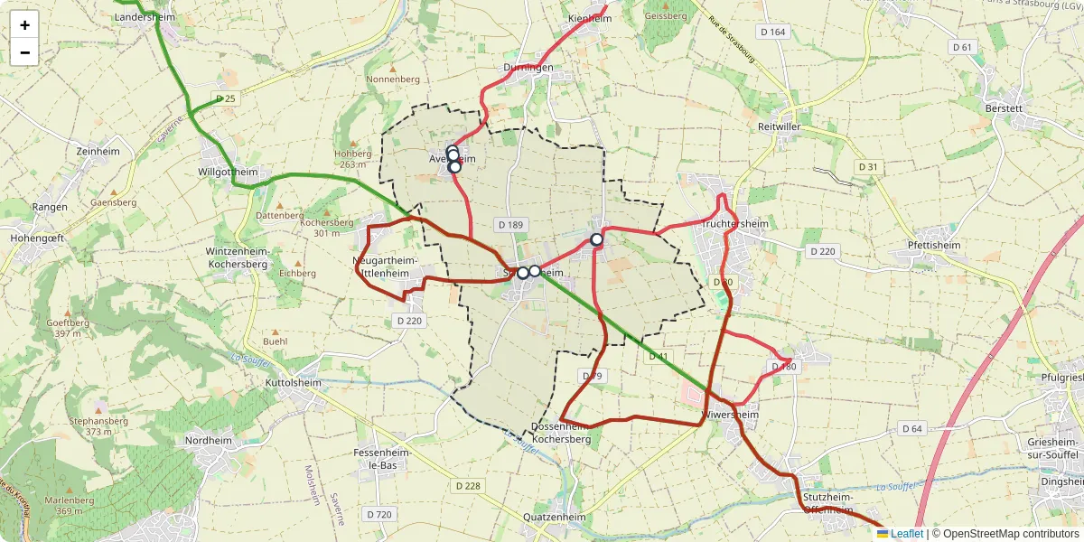 Carte du réseau de transport en commun à Schnersheim - lignes de bus et arrêts