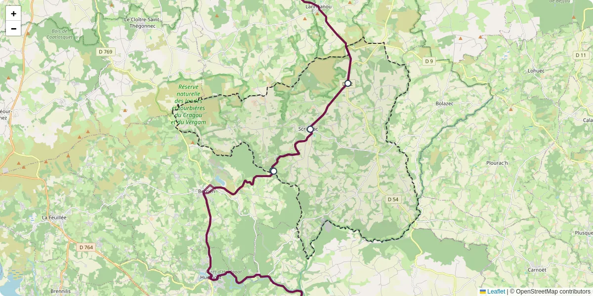 Carte du réseau de transport en commun à Scrignac - lignes de bus et arrêts