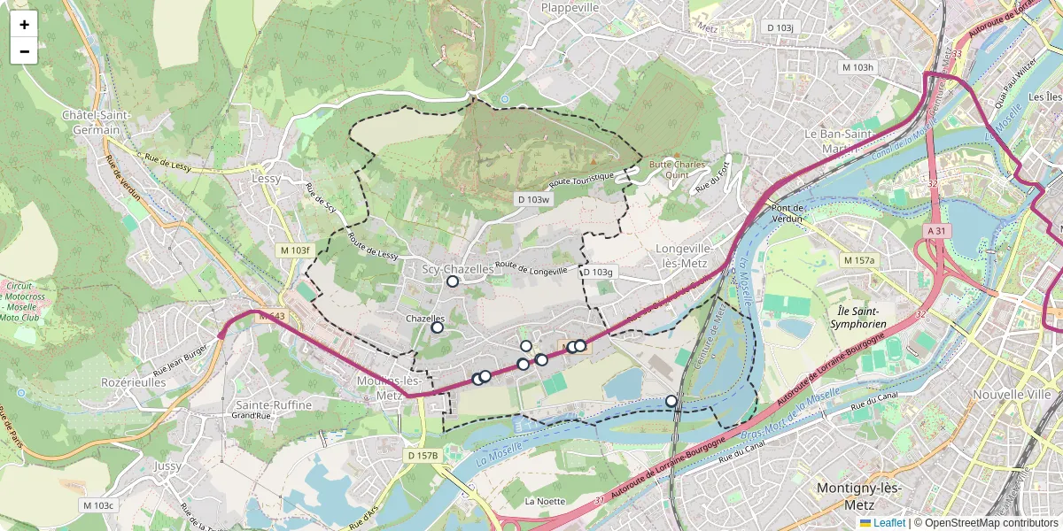 Carte du réseau de transport en commun à Scy-Chazelles - lignes de bus et arrêts